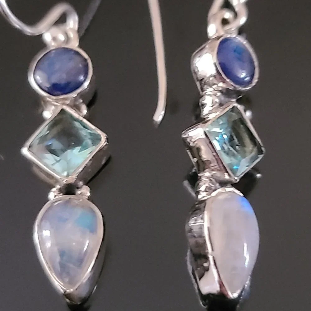 Business Casual Gemstone Precious Earrings-Kyanite ,Topaz-Remarkable Earrings - Picture 2 of 6